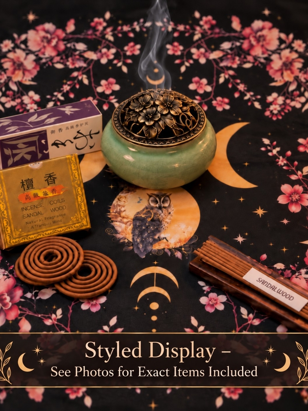 NEW Celestial Altar & Incense Set Ceramic Burner Owl Moon Cloth Sandalwood